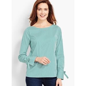 Talbots Women's‎ Green Striped Bow Tie-Sleeve Popover Button Back Size Large